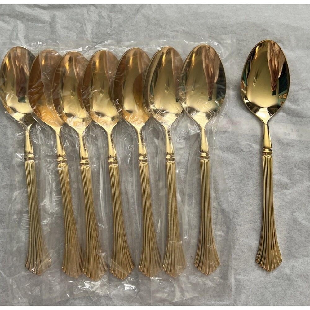 8 Soup Spoons Stainless Gold Electroplated Home Concepts Discontinued NEW